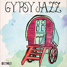 Gypsy Jazz album cover with gypsy caravan on blue and green  background