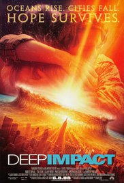 Deep Impact DVD cover with bright orange image of asteroid striking a city and couple embracing